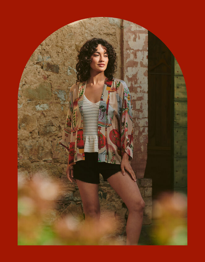 One Hundred Stars Lanterns Print Short Kimono, , large