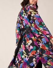 Burnout Floral Print Satin Kimono, Black (BLACK), large