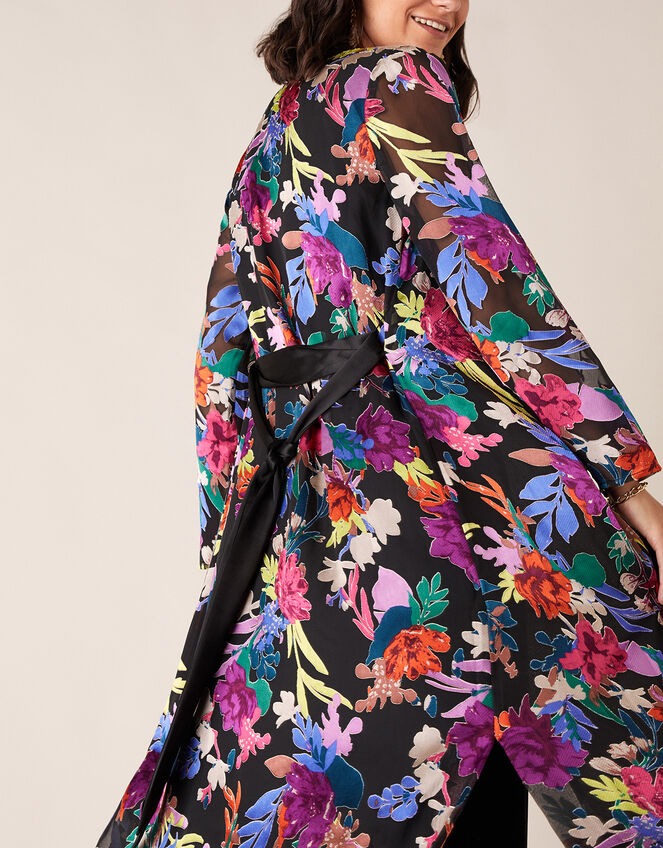 Burnout Floral Print Satin Kimono, Black (BLACK), large