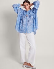 Dahlia Print Shirt, Blue (BLUE), large