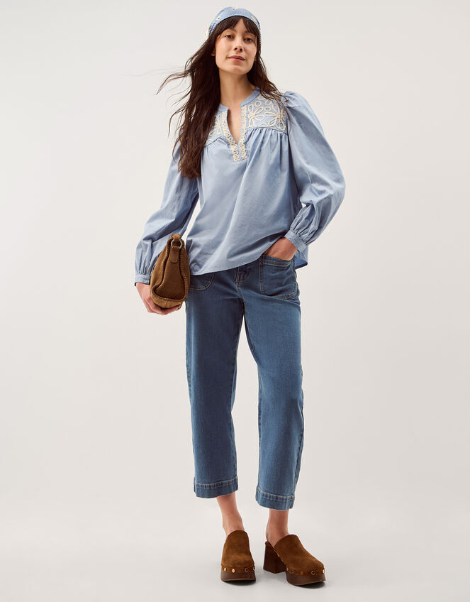 Erica V-Neck Embroidered Blouse, Blue (BLUE), large