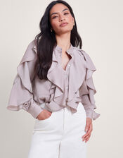 Lola Satin Ruffle Blouse, Mink (MINK), large