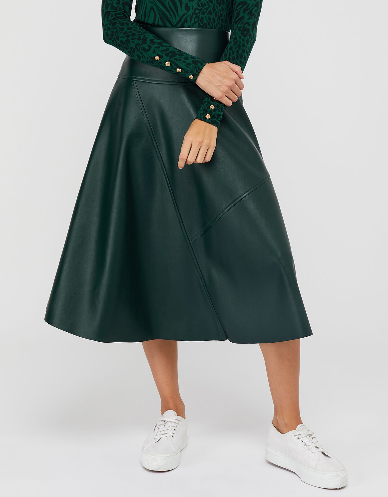 Dark green leather midi skirt discount