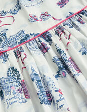 London Print Frilly Cotton Dress, White (WHITE), large