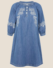 Floral Embroidered Denim Dress, Blue (DENIM BLUE), large