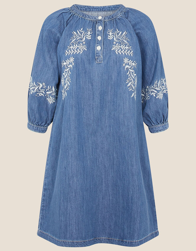 Floral Embroidered Denim Dress, Blue (DENIM BLUE), large