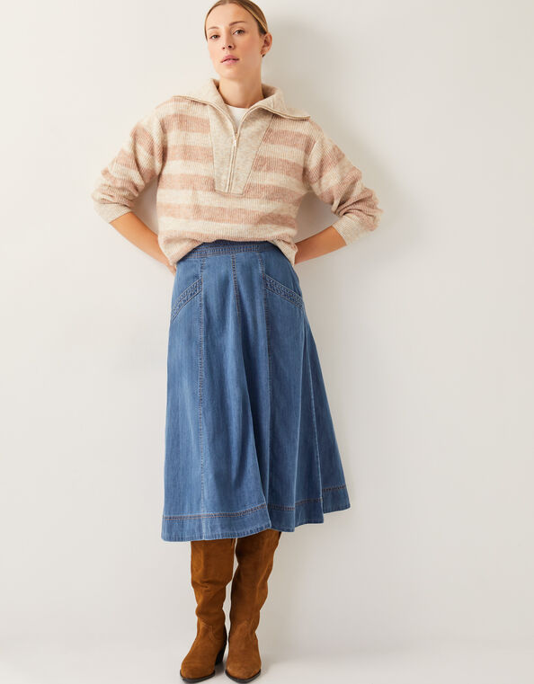 Harper Seamed Denim Midi Skirt, Blue (DENIM BLUE), large