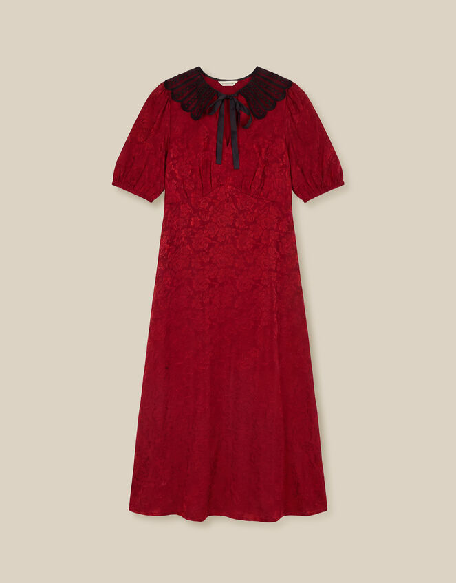 Tiana Collared Floral Jacquard Midi Dress, Red (BURGUNDY), large