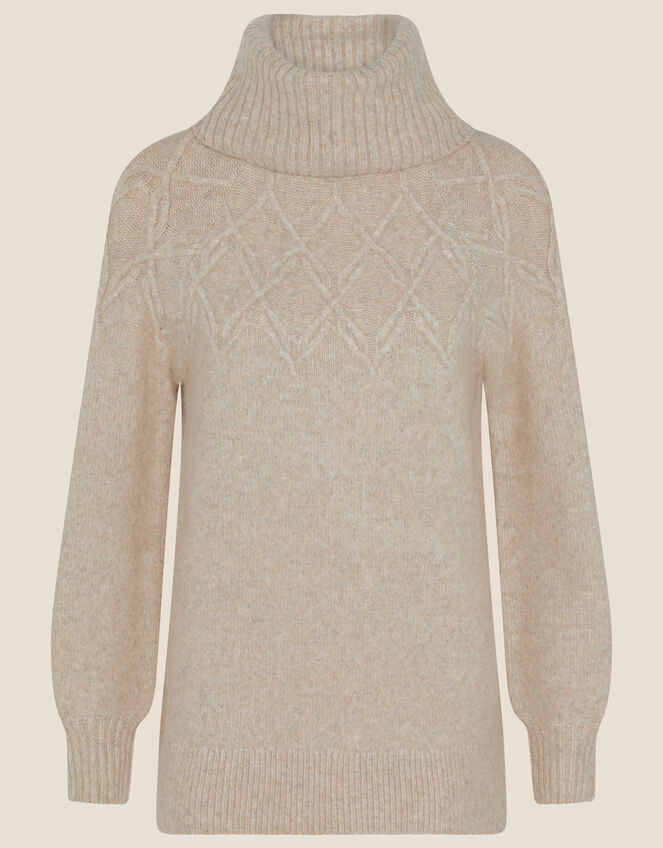 Cowl Neck Stitch Detail Longline Jumper, Camel (OATMEAL), large