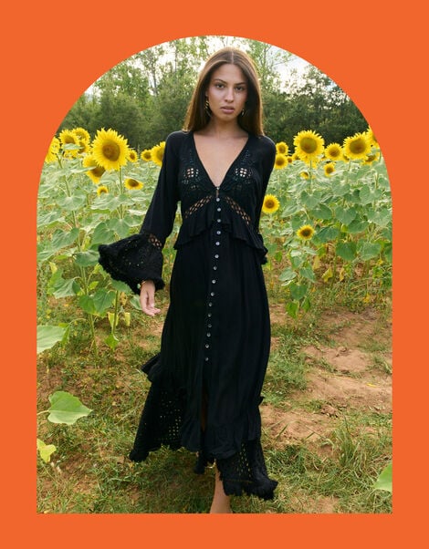 Piti Cuiti Frilly Cutwork Maxi Dress, Black (BLACK), large