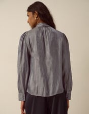 Mira Metallic Pussybow Blouse, Silver (SILVER), large