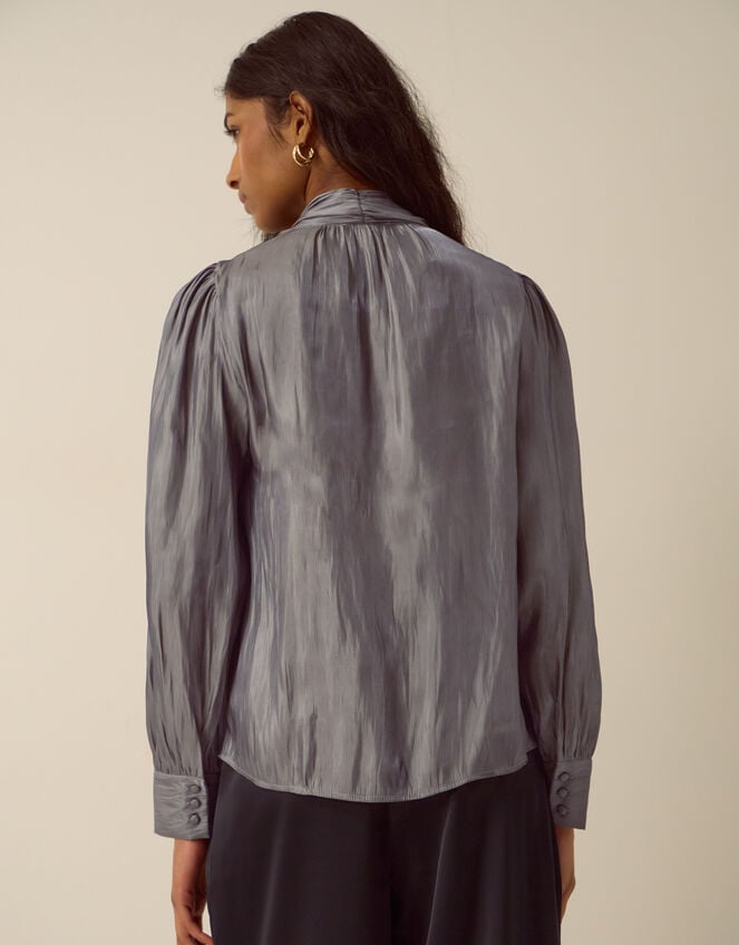 Mira Metallic Pussybow Blouse, Silver (SILVER), large