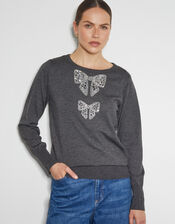 Di Sequin Bow Crew Neck Sweater, Gray (DARK GREY), large