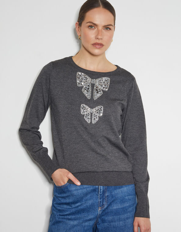Di Sequin Bow Crew Neck Jumper, Grey (DARK GREY), large