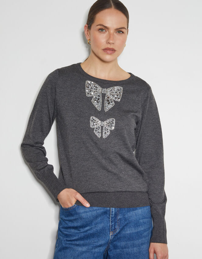 Di Sequin Bow Crew Neck Sweater, Gray (DARK GREY), large