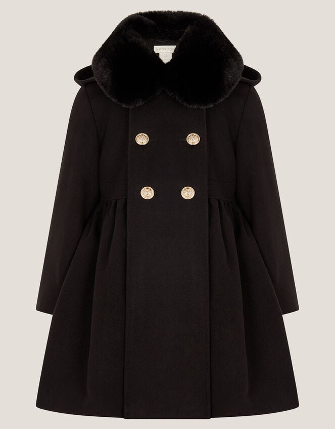 Faux Fur Collar Double-Breasted Coat, Black (BLACK), large