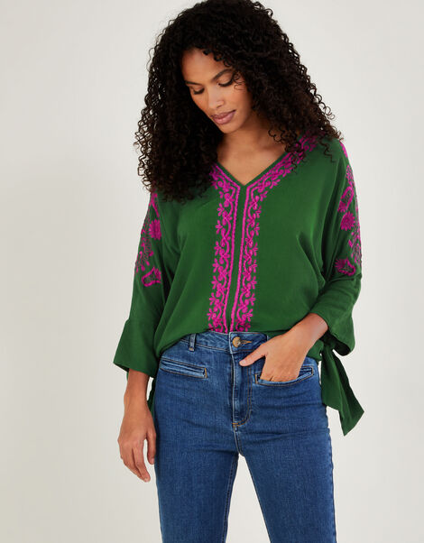 Christina Embroidered Top in Sustainable Viscose Green, Green (GREEN), large