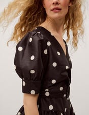 Amara Polka Dot Belted Midi Dress, Black (BLACK), large