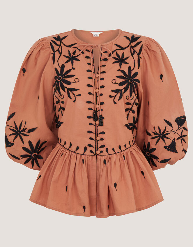Freya Puff Sleeve Embroidered Top, Orange (PEACH), large
