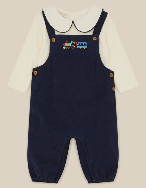 Newborn Train Embroidered Top & Corduroy Dungarees Set , Blue (NAVY), large