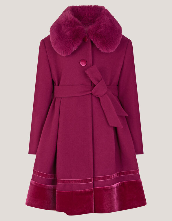 Velvet Trim Faux Fur Dress Coat, Red (BURGUNDY), large