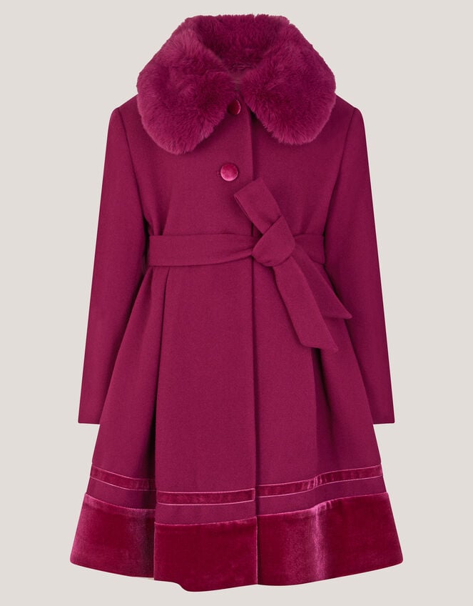 Velvet Trim Faux Fur Dress Coat, Red (BURGUNDY), large