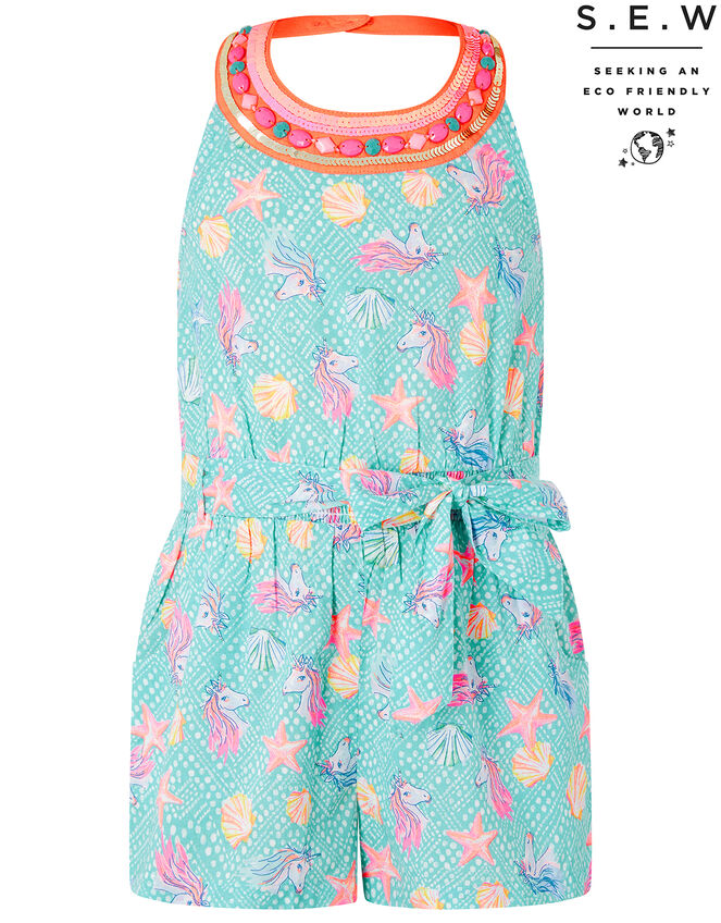 Laverna Unicorn Print Playsuit in Organic Cotton, Blue (TURQUOISE), large