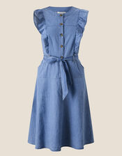 Denim Frill Sleeve Sun Dress in Sustainable Cotton, Blue (DENIM BLUE), large