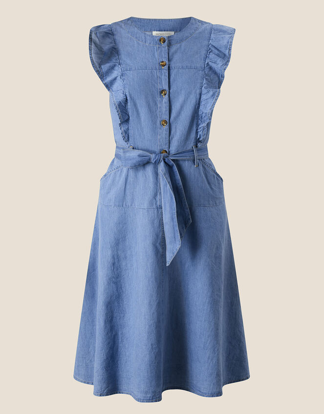 Denim Frill Sleeve Sun Dress in Sustainable Cotton, Blue (DENIM BLUE), large