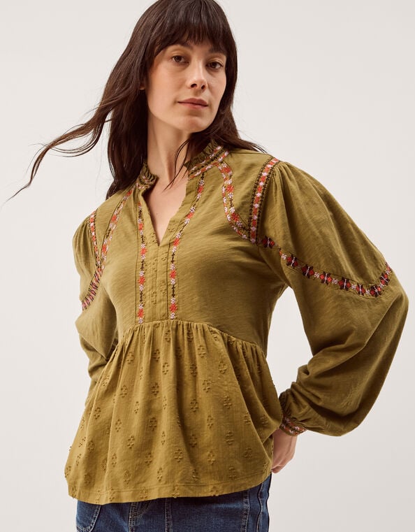 Fabia Embroidered Blouson Blouse, Green (KHAKI), large