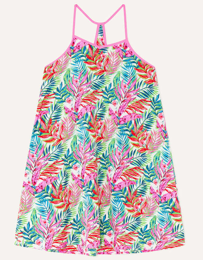 Palm Print A-Line Dress, White (WHITE), large
