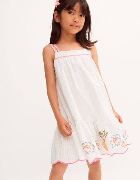 Pineapple Embroidered Scallop Swing Dress, White (WHITE), large