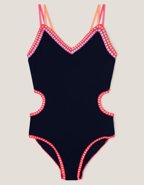Blanket Stitch Cut-Out Swimsuit, Black (BLACK), large