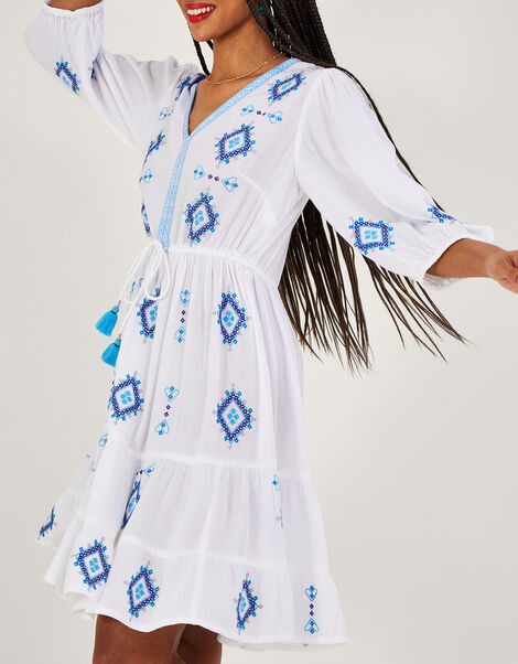 Geometric Diamond Embroidered Kaftan Dress in LENZING™ ECOVERO™, White (WHITE), large