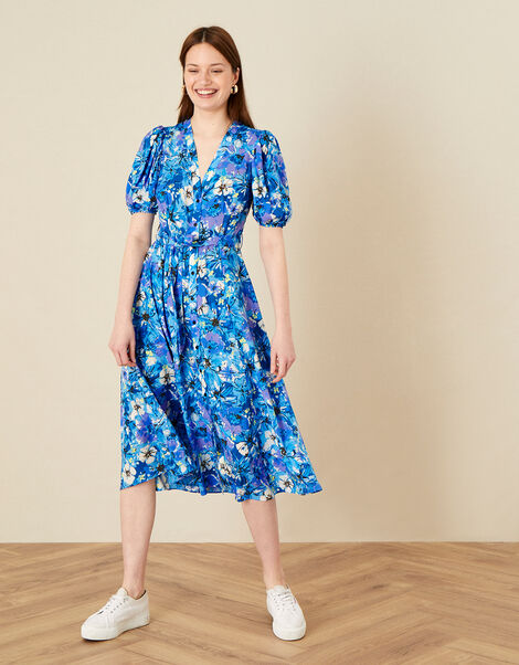 Floral Print V-Neck Shirt Dress  Blue, Blue (BLUE), large