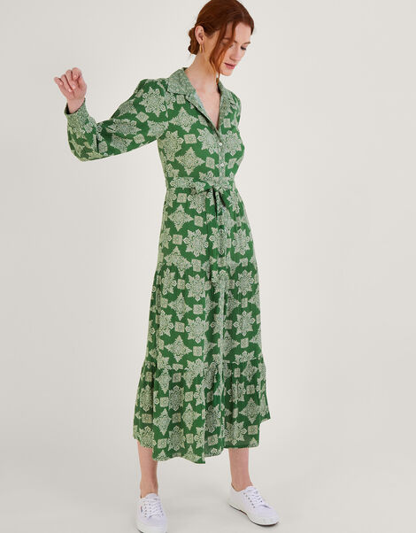 Fernanda Geometric Print Midi Dress in LENZING™ ECOVERO™ Green, Green (GREEN), large