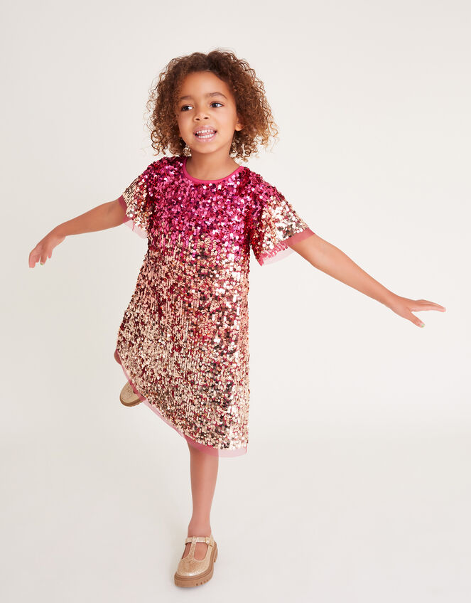 Short Sleeve Ombre Sequin Dress, Pink (PINK), large