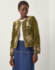 Magda Floral Embroidered Velvet Jacket, Green (KHAKI), large