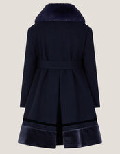 Velvet Trim Faux Fur Dress Coat, Blue (NAVY), large