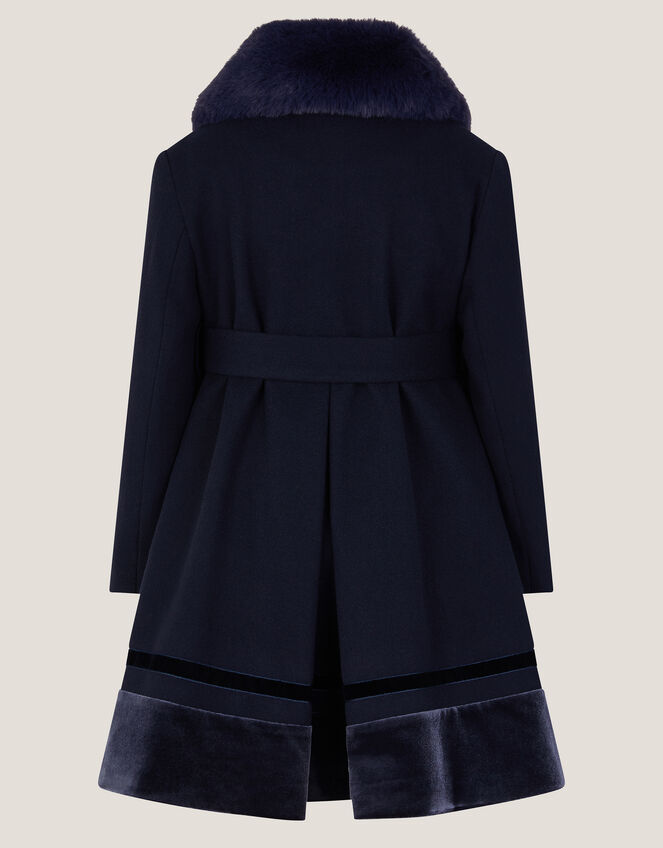 Velvet Trim Faux Fur Dress Coat, Blue (NAVY), large