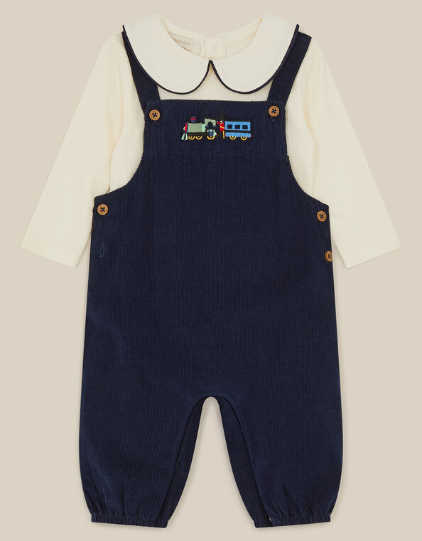 Newborn Train Embroidered Top & Corduroy Dungarees Set , Blue (NAVY), large