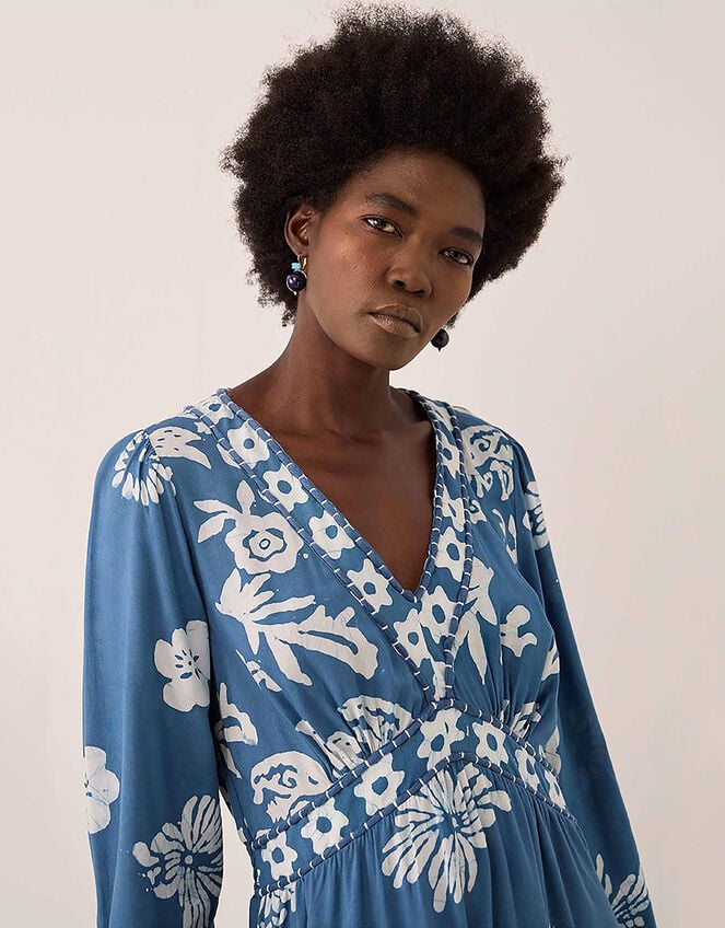 East Kris Hand-Batik Floral Maxi Dress, Blue (DARK BLUE), large