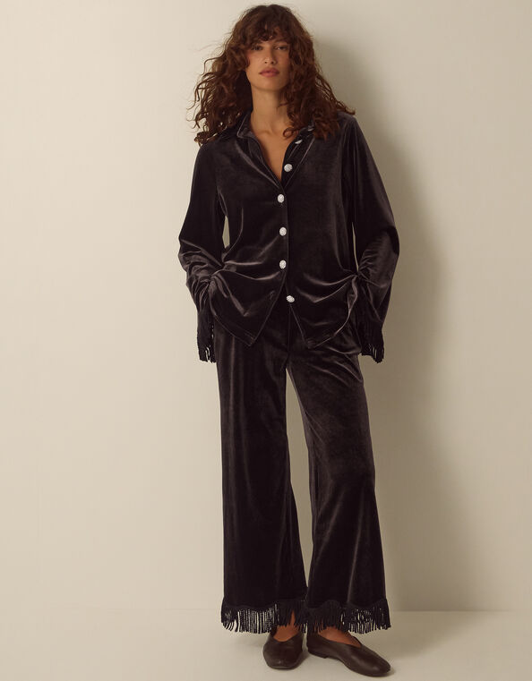 Tami Fringe Cuff Velvet Shirt, Brown (CHOCOLATE), large