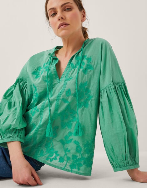 Milly Slouchy Embroidered Blouse, SEA GREEN, large