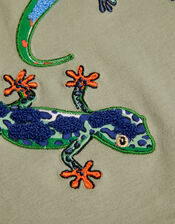 Lizard Embroidered Cotton T-Shirt, Green (KHAKI), large