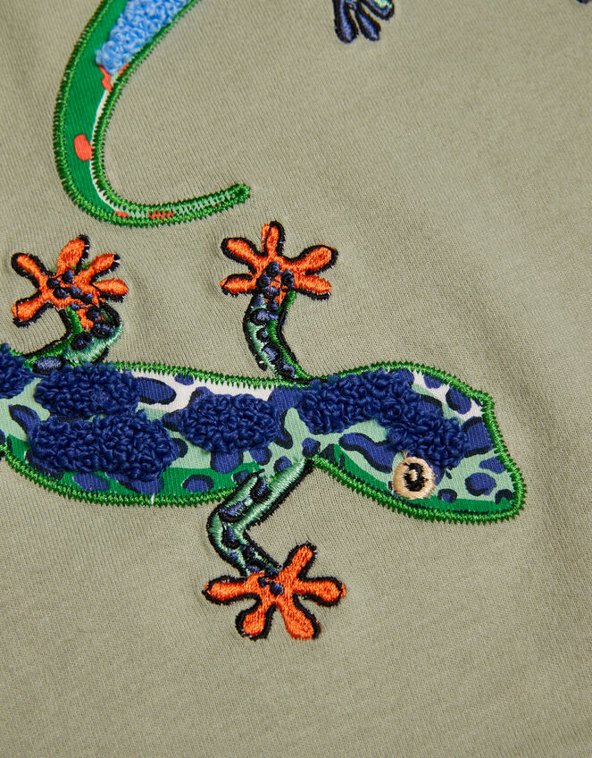 Lizard Embroidered Cotton T-Shirt, Green (KHAKI), large