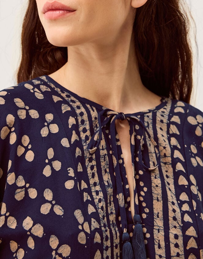 Clover Print Tassel Top, Blue (NAVY), large