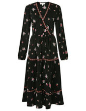 Embroidered Trim Floral Tiered Dress, Black (BLACK), large