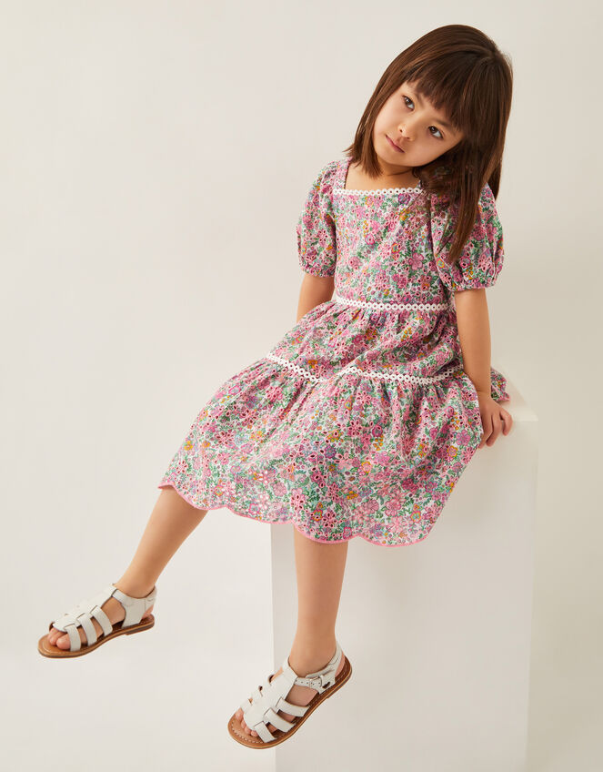 Broderie Floral Puff-Sleeve Dress, Pink (PINK), large