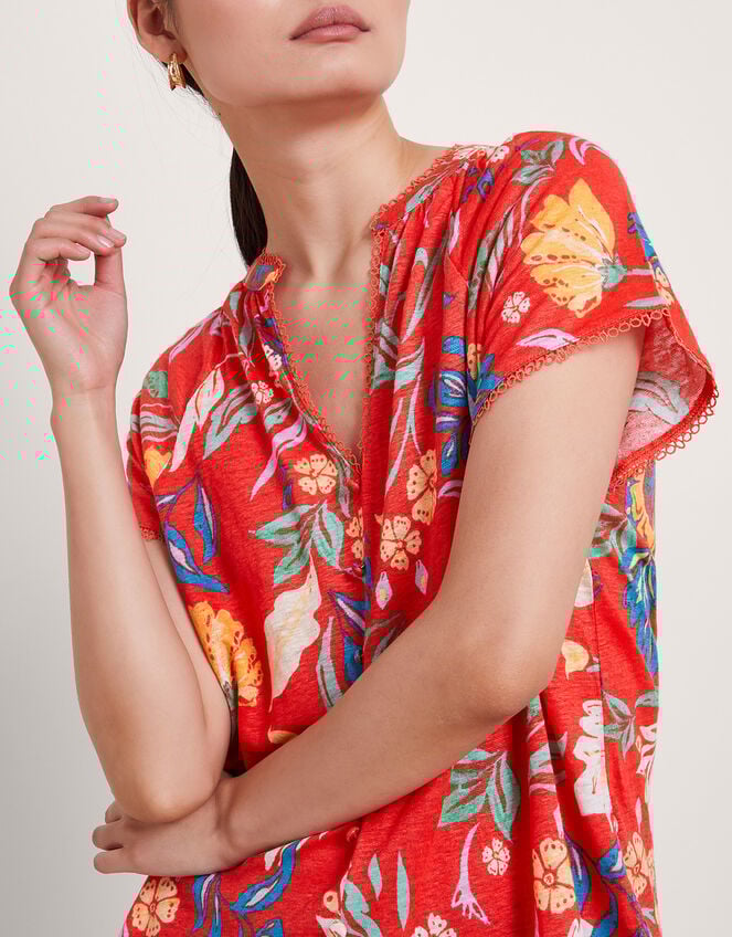 Alma Print Linen T-Shirt, Red (RED), large